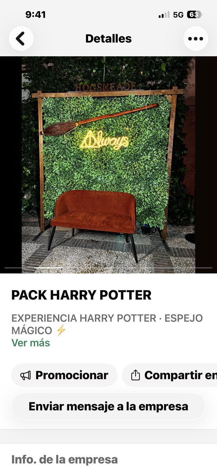 Inicio 6 Photocall Harry Potter con jardín vertical, banco color óxido, neón ALWAYS y réplica Nimbus 2002