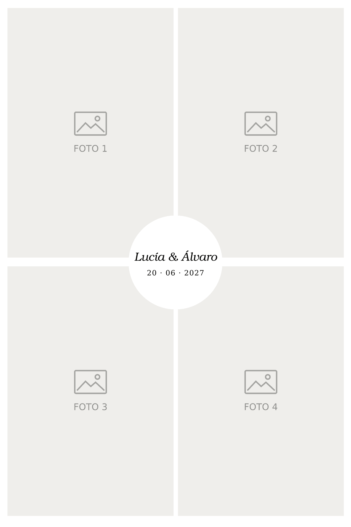 P03: Fotografía 10×15 cm, vertical, 4 fotos verticales. Lucía & Álvaro, 20 · 06 · 2027