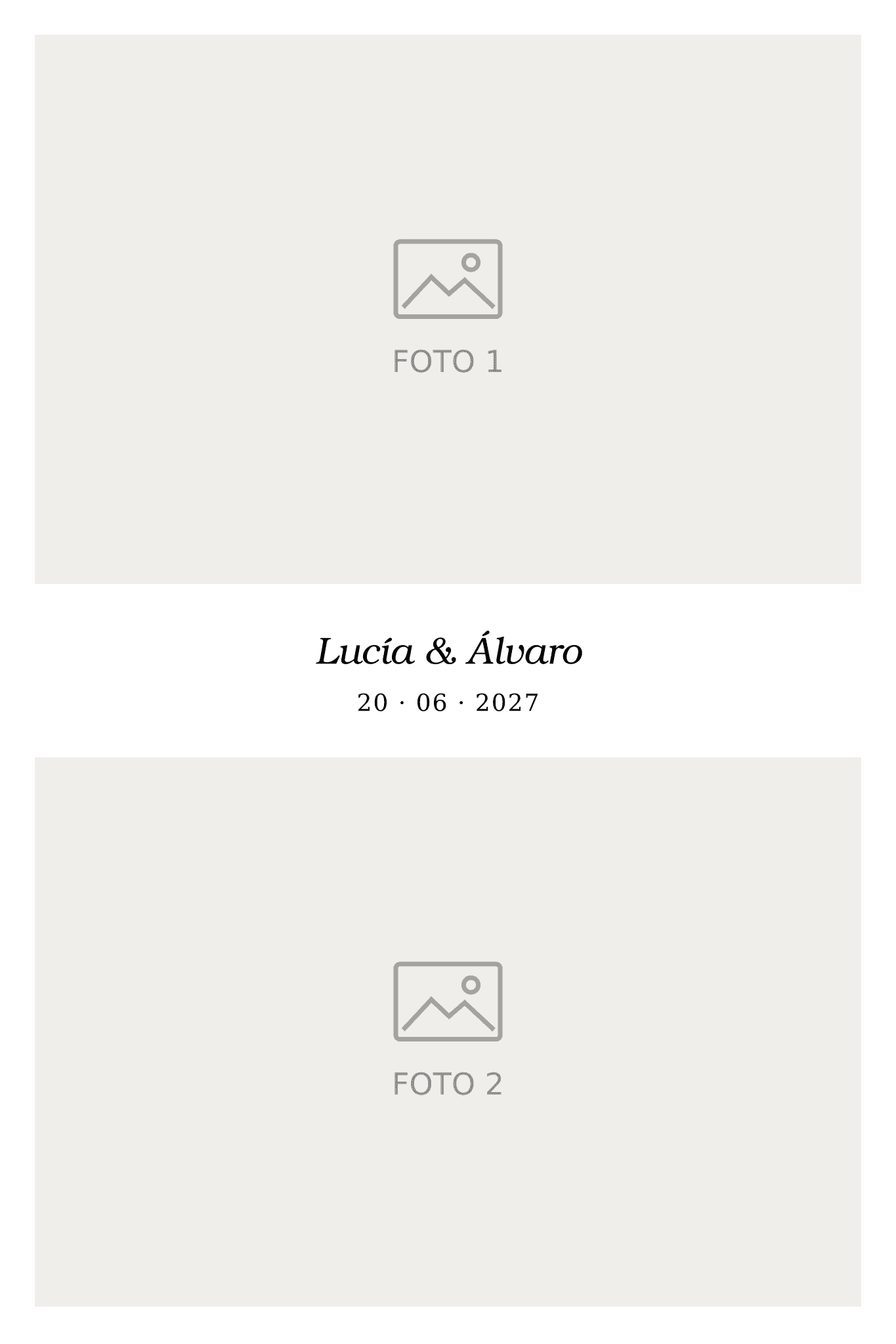 P06: Fotografía 10×15 cm, vertical, 2 fotos horizontales. Lucía & Álvaro, 20 · 06 · 2027