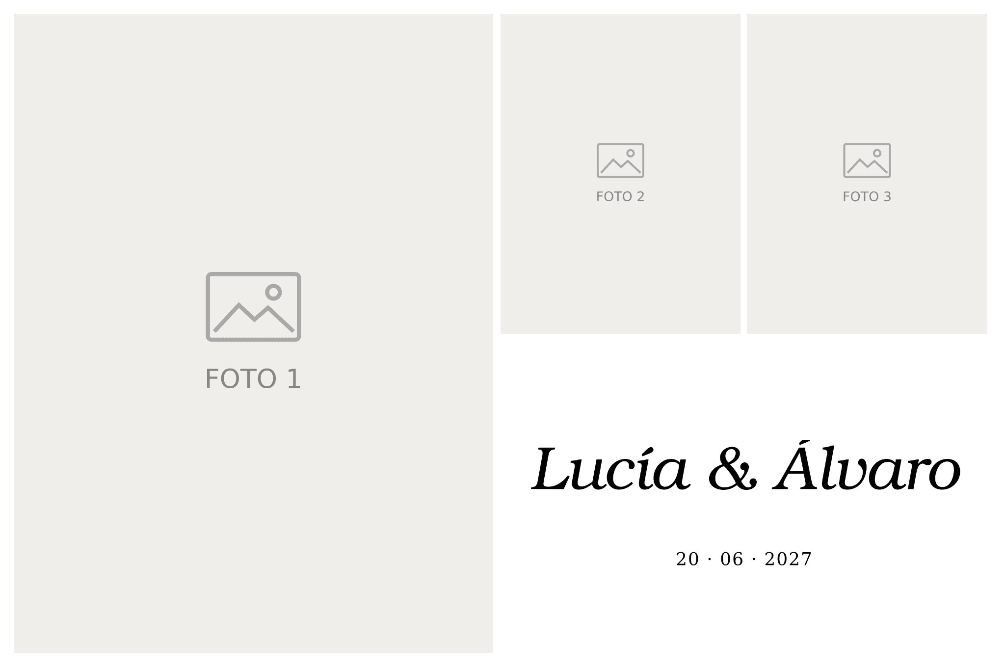 P07: Fotografía 10×15 cm, horizontal, 3 fotos verticales. Lucía & Álvaro, 20 · 06 · 2027